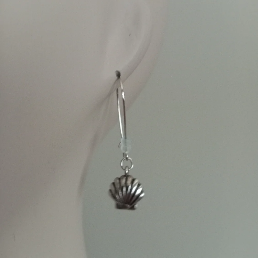 hand crafted Silver plated seashell sea glass dangling statement earrings